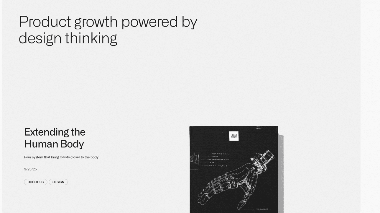 A product growth case study poster with a minimal black-and-white device render.